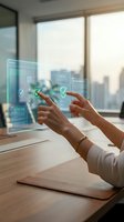 Businesswoman hands interacting with holographic digital interface displaying security verification checkmarks in modern office environment.