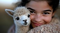 Young Hispanic boy with freckles smiling next to white baby alpaca face in close-up portrait showing friendship between child and farm animal. Natural lighting.