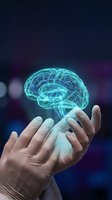 Glowing blue brain hologram floating above open hands representing artificial intelligence, neuroscience, mental health and innovative technology concepts.