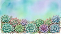 Watercolor succulent garden border with pastel green and purple plants on dreamy sky background for botanical design projects and nature artwork.