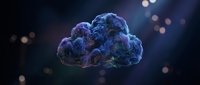 Digital cloud network structure with glowing blue and purple particles floating in dark space, representing data storage, cloud computing, and technology infrastructure for business applications.