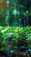 Futuristic agricultural technology concept with young green plant growing in soil, enhanced by digital interface elements and glowing particles for smart farming presentation.