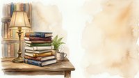 A stack of vintage books with a brass table lamp and potted plant on wooden surface, watercolor style with aged paper background for literary and educational design projects.