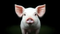 Adorable white piglet portrait with pink ears and snout against dark background, close-up view showing curious expression and innocent charm of young farm animal.