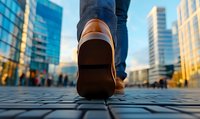 Close-up view of brown leather shoe stepping on urban pavement with modern glass buildings and city skyline in background during golden hour sunset.