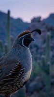 Gambel's quail with distinctive head plume perched in desert landscape at dusk, saguaro cacti visible in soft twilight background for wildlife and nature projects.