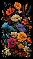 Vibrant wildflower meadow arrangement with colorful poppies, daisies and botanical elements on black background for decorative design projects.