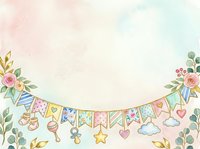 Pastel watercolor background with decorative bunting, hanging ornaments, and floral elements in soft pink, yellow, and green tones for celebrations.