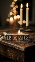 Wooden letter blocks spelling LOVE on rustic table with glowing candles, bokeh lights, and dried lavender in warm romantic atmosphere.