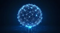 Glowing blue digital sphere with connected nodes forming global network structure on dark background, representing worldwide connectivity and data exchange.