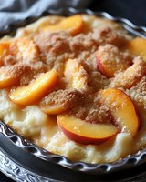 Creamy custard tart topped with cinnamon sugar and fresh peach slices in a fluted pastry shell, ready for dessert preparation and baking.