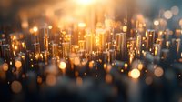 Glowing golden light pillars rising against dark background with magical bokeh effect and soft focus creates dreamy atmospheric composition.