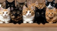 Group of adorable cats with different fur colors and patterns sitting in row on wooden shelf, looking at camera with expressive eyes and varied facial features.