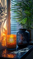 Glowing lanterns casting geometric shadows on wall with palm leaves, warm evening light through window creates cozy atmosphere on windowsill with decorative vases.