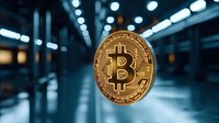 Golden bitcoin coin floating in dark industrial space with blurred blue lights and bokeh effect in background, cryptocurrency concept for financial technology.