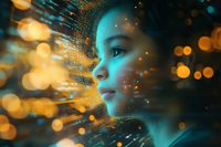 Young Asian woman profile with glowing digital particles and bokeh lights creating futuristic effect. Cyan and orange colors blend in dreamy technological atmosphere.