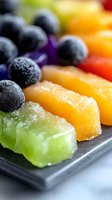 Colorful frozen fruit pieces arranged on dark plate - blueberries, mango, kiwi, and other fruits with frost coating for healthy desserts and smoothies.