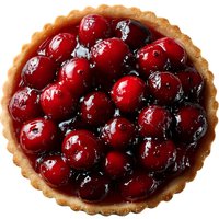 Homemade cherry tart with glossy red cherries in golden pastry crust isolated on white background for bakery menus and dessert advertising.
