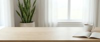 Wooden desk with open notebook and pen, potted snake plant, and bright window with sheer curtains, suitable for office, workspace, and productivity concepts.