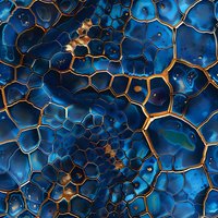 Abstract cellular pattern in deep blue and gold tones creates organic honeycomb structure with luminous effect, suitable for luxury design backgrounds and modern wall art.