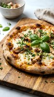 Freshly baked pizza with mushrooms, melted cheese, and fresh basil on wooden board, served with sauce bowl and linen napkin for food styling and culinary content.