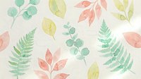 Watercolor botanical elements with leaves, ferns and eucalyptus branches in soft pastel colors on textured paper background for nature designs.