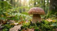 Fresh brown mushroom growing in lush green moss on forest floor with natural sunlight filtering through trees creating peaceful woodland atmosphere.