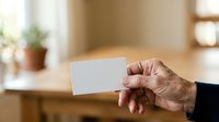 Senior adult male hand holding blank white business card in modern office environment with natural lighting and wooden desk.