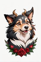 Smiling Shetland Sheepdog portrait with red roses frame on white background, cartoon style artwork for stickers, prints and merchandise designs.