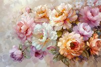 Lush peach, pink and white peonies in full bloom against soft neutral background, romantic floral arrangement with delicate petals and subtle color transitions.