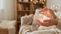 Woman hands holding glowing heart shape with warm lights in cozy living room interior for love, care, wellness and emotional connection concepts.