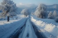 Snowy rural road curves through frost-covered trees and white winter landscape, creating serene countryside scenery with deep snow banks along roadside.