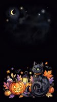 Spooky black cat surrounded by glowing jack-o-lantern pumpkins, magical potion bottles, autumn leaves, and twinkling stars against night sky with crescent moon. Perfect for Halloween designs, greeting cards, and seasonal merchandise.