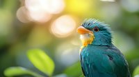 Vibrant turquoise and orange feathered bird perched against soft bokeh background with green foliage, displaying detailed plumage and distinctive profile.