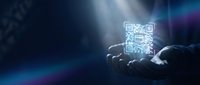Businessman hand holding glowing QR code symbol with digital network connections on dark blue background for mobile payment and scanning technology solutions.