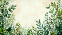 Fresh green leaves and branches frame against soft beige background creating natural border design, watercolor botanical illustration with delicate foliage pattern.