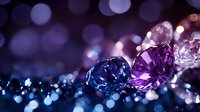 Sparkling gemstones in blue and purple tones arranged on reflective surface with soft bokeh lights creating magical atmosphere. Luxury jewelry concept with precious stones.