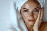 Young woman with freckles and blue eyes wearing white towel on head during skincare routine, touching face with glowing skin.
