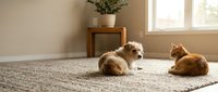 Small fluffy dog and orange tabby cat resting peacefully on woven rug in bright sunlit living room with natural light streaming through window.