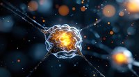 Glowing neuron cell with electrical synaptic connection on dark background showing neural network activity and brain function in microscopic view.