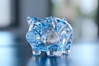 Crystal clear glass piggy bank with blue reflections and refractions on blurred background, symbolizing financial savings and money management concepts.