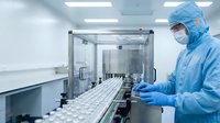 Laboratory technician in protective suit working with samples in sterile cleanroom environment for pharmaceutical research and quality control testing.
