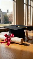 Graduation cap and diploma with red ribbon on wooden desk near university window, academic achievement and educational success ceremony concept.