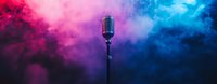 Vintage microphone silhouette against dramatic pink and blue smoky background with vibrant neon lighting, panoramic concert stage atmosphere for music and entertainment.