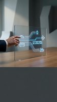 Businessman hand touching transparent glass display with glowing neon blue transportation icons including car, plane, truck, and ship symbols on wooden desk.