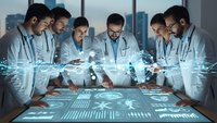Medical team analyzing holographic data projections on interactive table in modern hospital conference room for healthcare innovation and diagnosis.