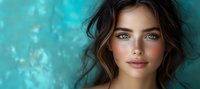Young woman with natural makeup, messy brunette hair and bright blue eyes against turquoise bokeh background. Beauty portrait in soft dreamy lighting.
