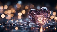 Crystal heart shape on dark reflective surface with golden bokeh lights creating romantic atmosphere. Glowing transparent gem catches light in magical setting.