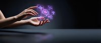 Hands holding glowing purple digital brain and neural network icons, representing artificial intelligence, machine learning, and innovative technology solutions.