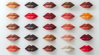 Colorful lips collection in different shades from nude to red arranged in rows on white background, makeup and beauty concept for cosmetic industry and design.